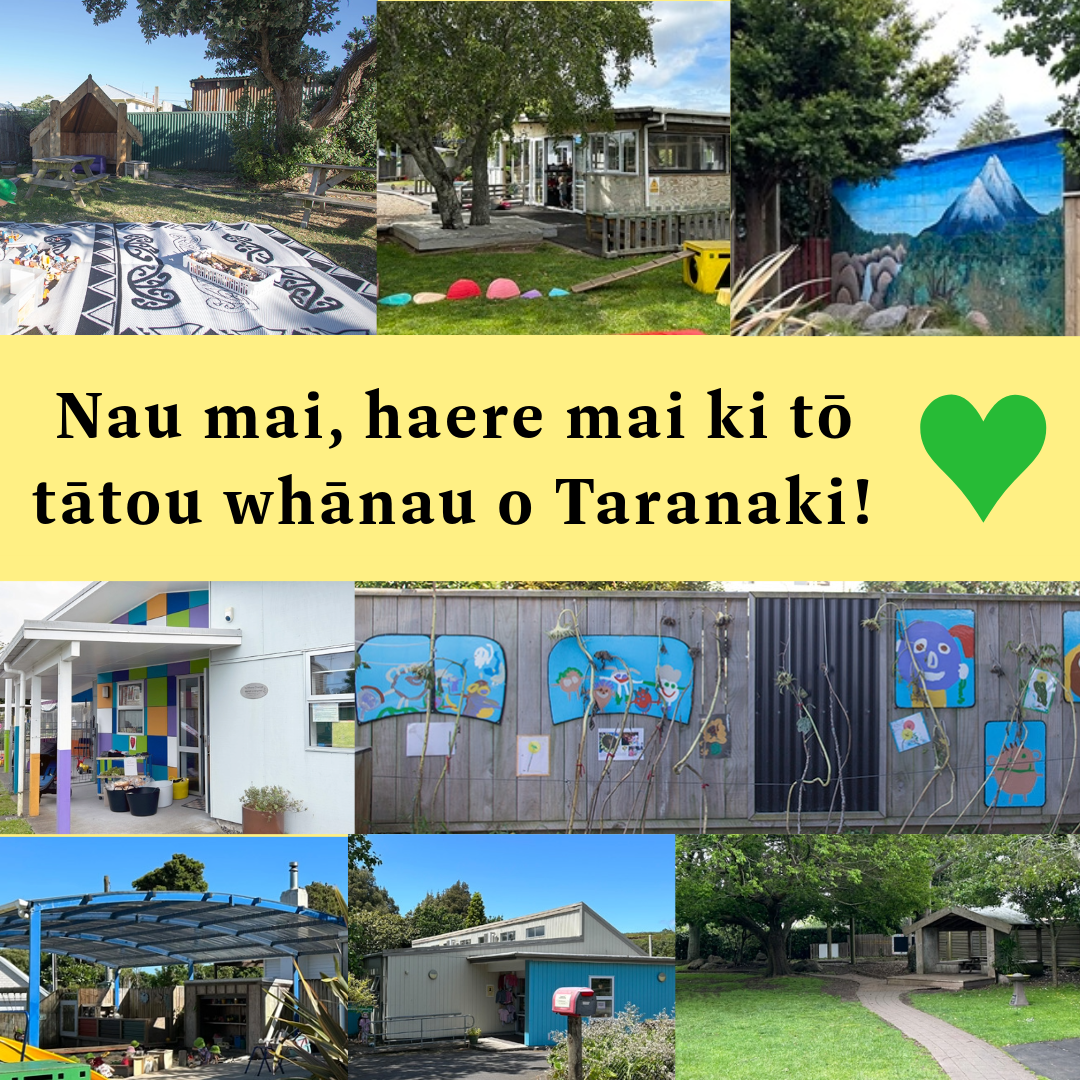 exteriors of kindergarten arranged in a collage with yellow text banner and green heart icon 